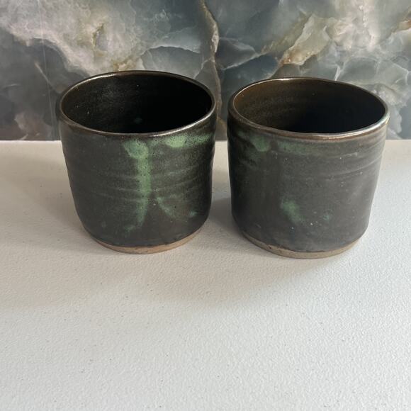 Studio Art Pottery Tumbler Cups Set of 2 Earthy Tones Glossy Finish 3.5" Signed - Picture 1 of 15
